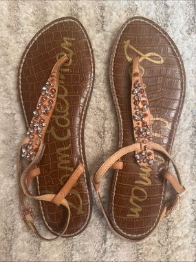 Sam Edelman Embellished Tan T-Strap Women's Sandals